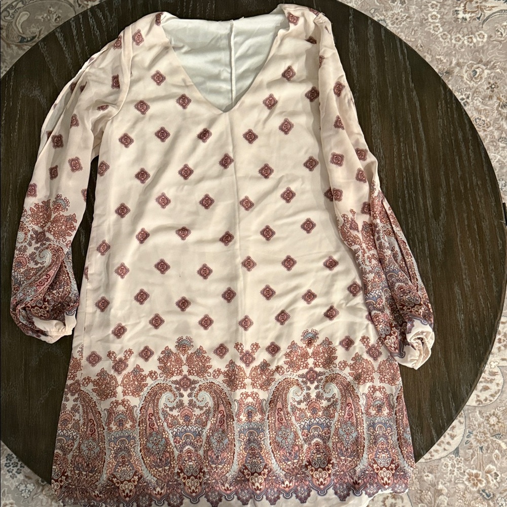 Boho Paisley V-Neck Tunic Dress in Cream & Rust